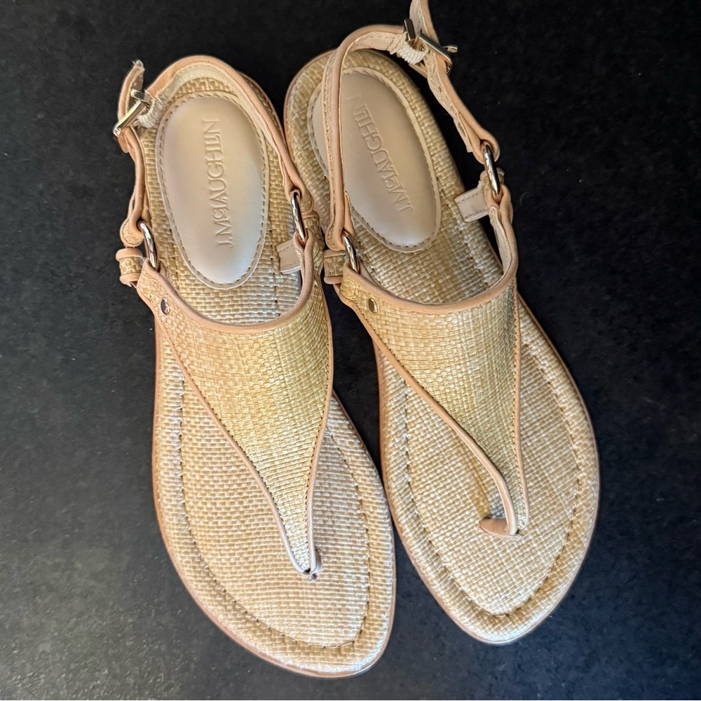 J. McLaughlin Nolita Tan T-Strap Sandals with Woven Design